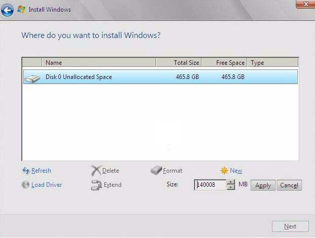 image:Pantalla Where do you want to Install Windows? (¿Dónde desea instalar Windows?).