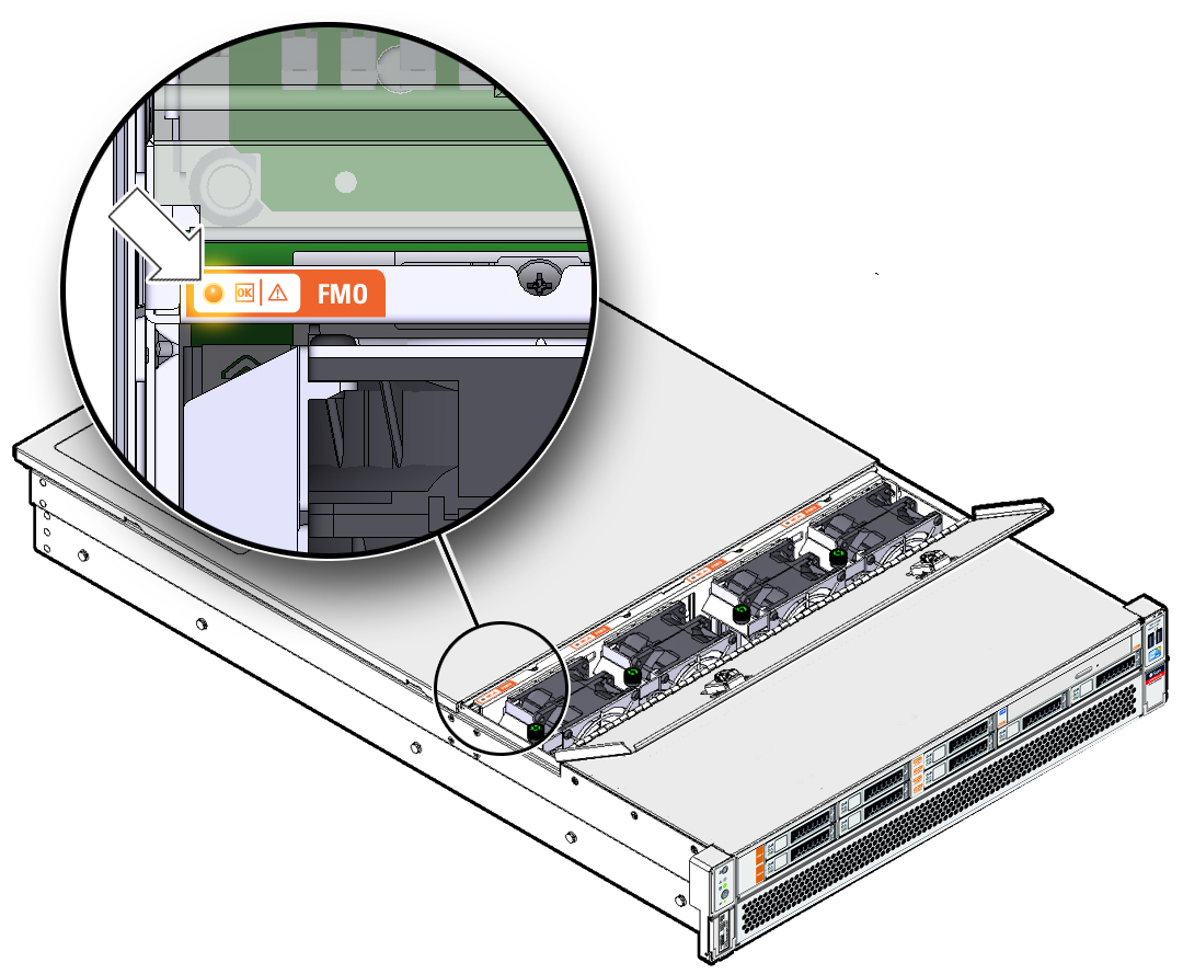 image:ファンモジュールおよび関連するステータスインジケータの位置を示す図。