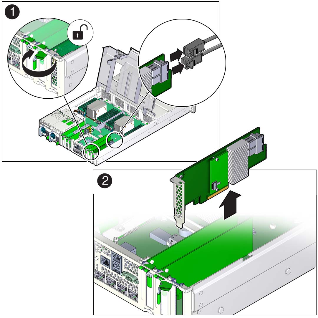 image:サーバーから取り外される PCIe カードを示す図。