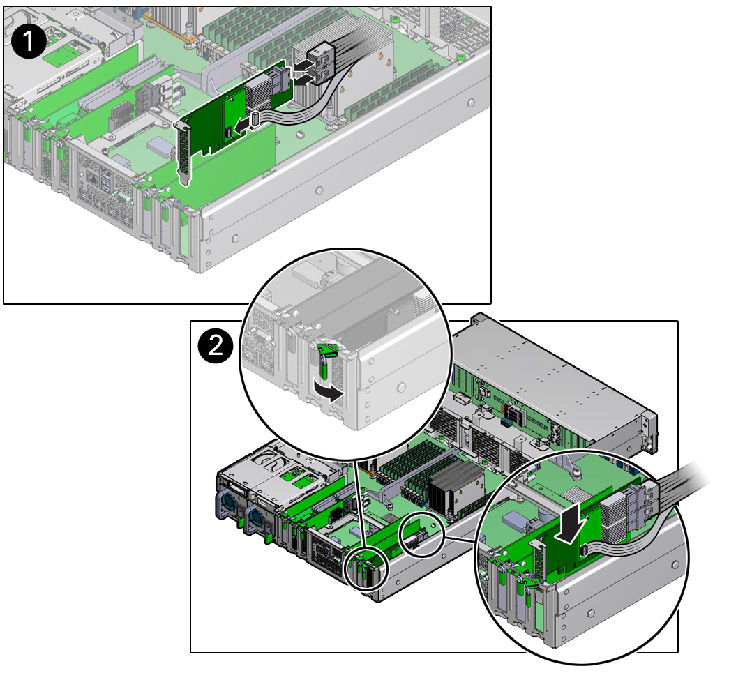 image:サーバーに取り付けられる Oracle Storage 12 Gb/s SAS PCIe HBA カードを示す図。