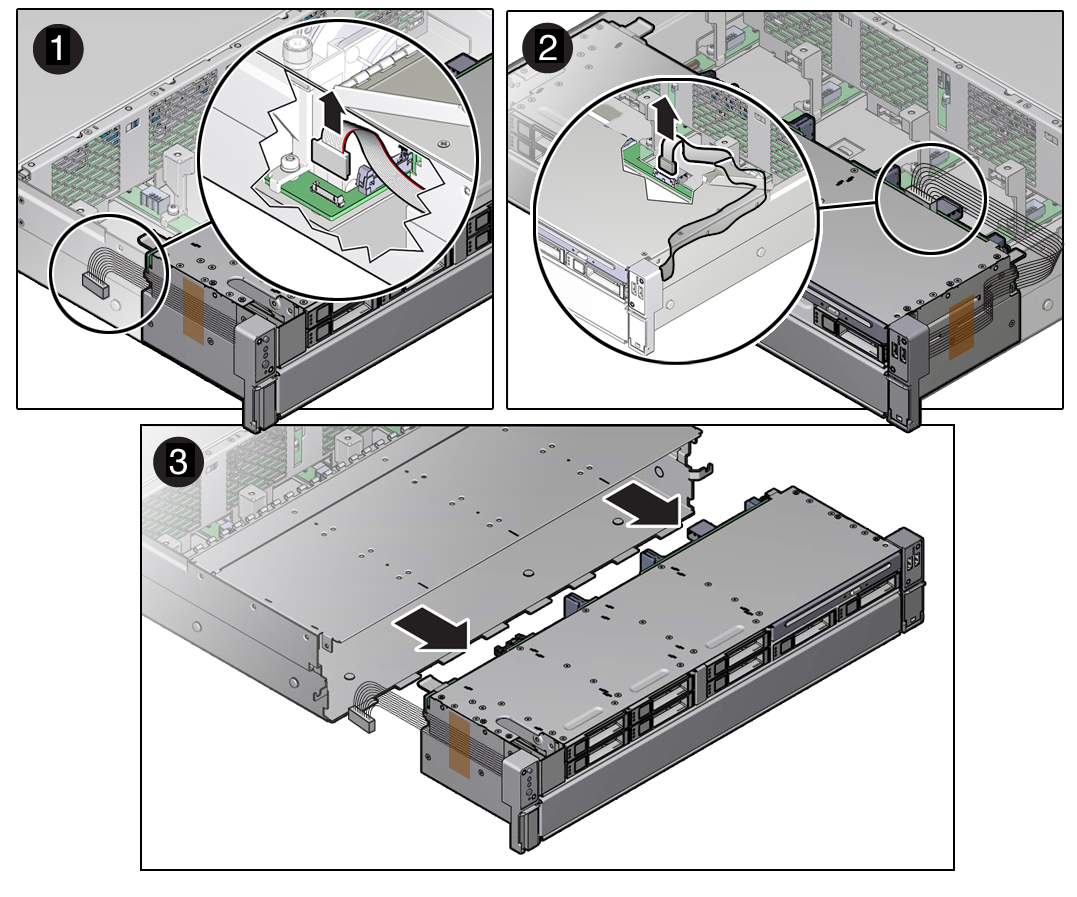 image:サーバーシャーシからのディスクケージ構成部品の取り外しを示す図。
