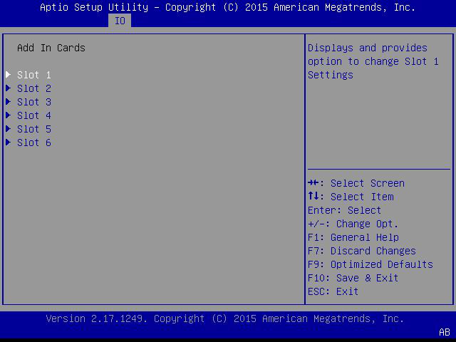 image:この図は、「IO」メニューの「Add In Cards」画面を示しています。