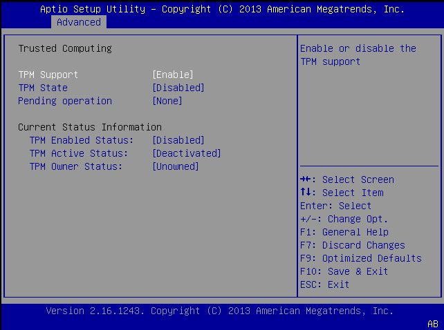 image:この図は、TPM サポートが有効になった「TPM Configuration」画面を示しています。