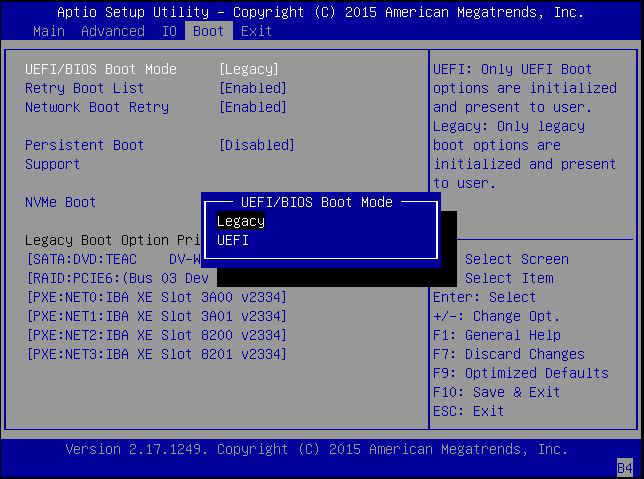 image:この図は、UEFI BIOS および Legacy BIOS モード用の BIOS ブートメニュー選択オプションを示しています。