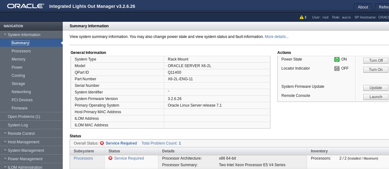 image:Oracle ILOM の「Summary Information」画面を示すスクリーンショット。