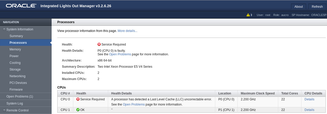 image:Oracle ILOM の「Processors」画面を示すスクリーンショット。