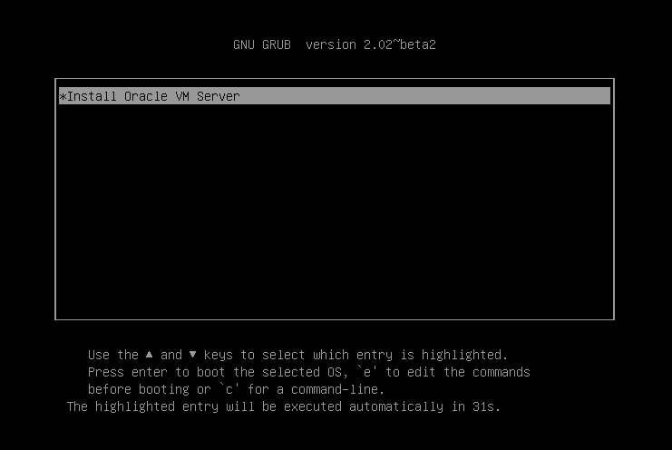 UEFI 부트 모드의 Oracle VM Server 시작 화면을 보여주는 그림입니다. image:UEFI 부트 모드의 Oracle VM Server 시작 화면을 보여주는 그림입니다.