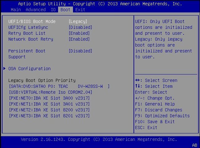 image:Menu Boot du BIOS affichant le mode Legacy sélectionné.