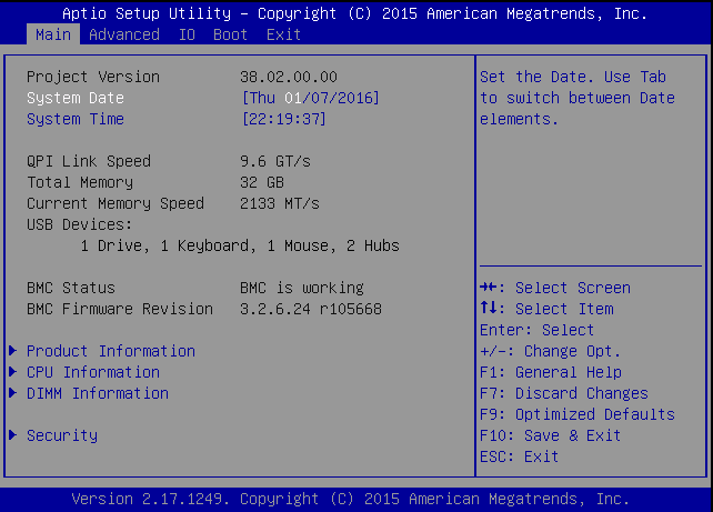 image:Capture d'écran du menu principal de l'utilitaire de configuration du BIOS.