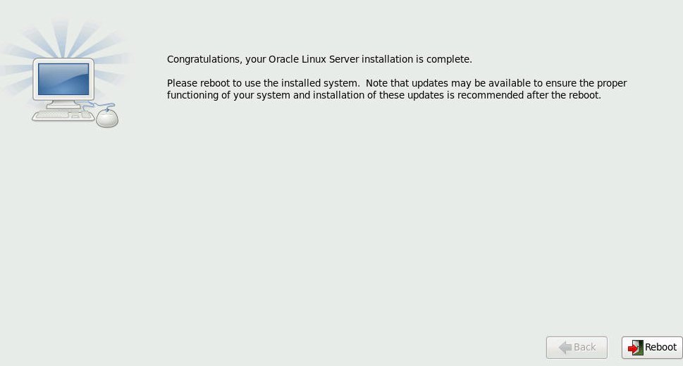 Gráfico que muestra la pantalla de instalación completa de Oracle Linux Server. image:Gráfico que muestra la pantalla de instalación completa de Oracle Linux Server.