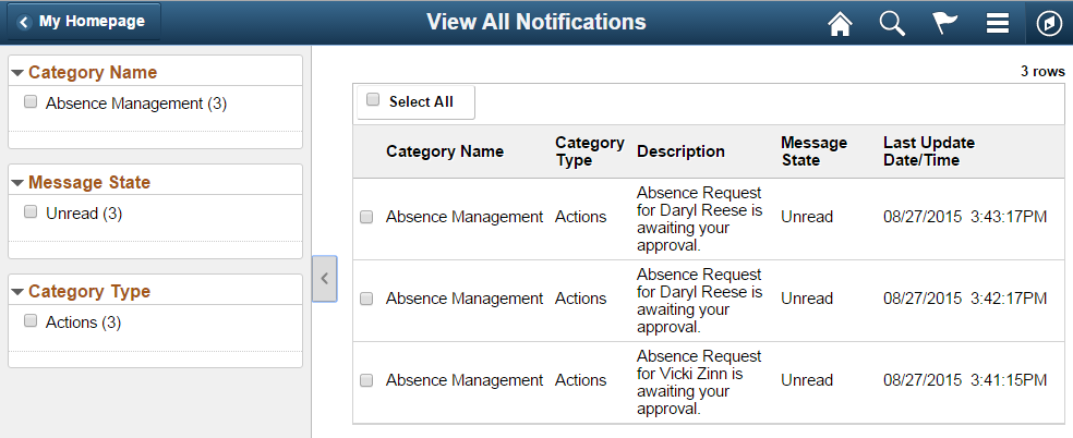 view all notifications window