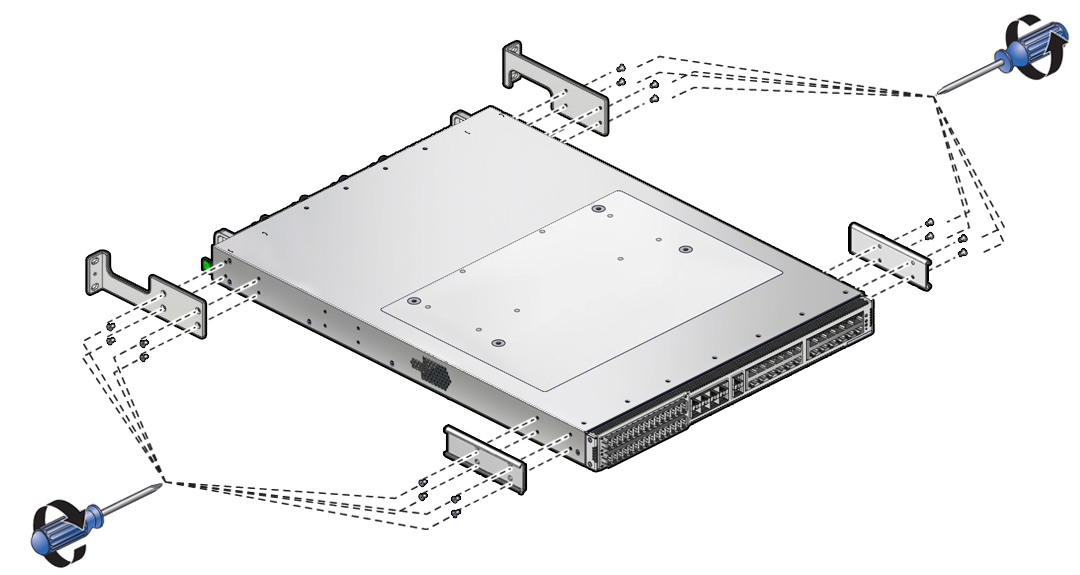 image:この図は、長いほうの前側留め具および C 型チャネル留め具をシャーシに取り付けているところを示しています。