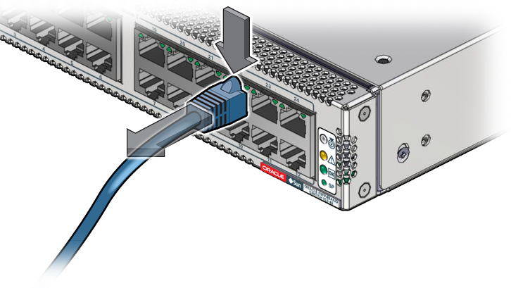 image:この図は、RJ-45 コネクタを取り外しているところを示しています。