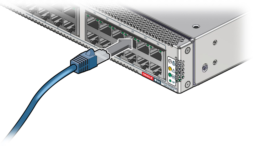 image:この図は、RJ-45 ケーブルを取り付けているところを示しています。