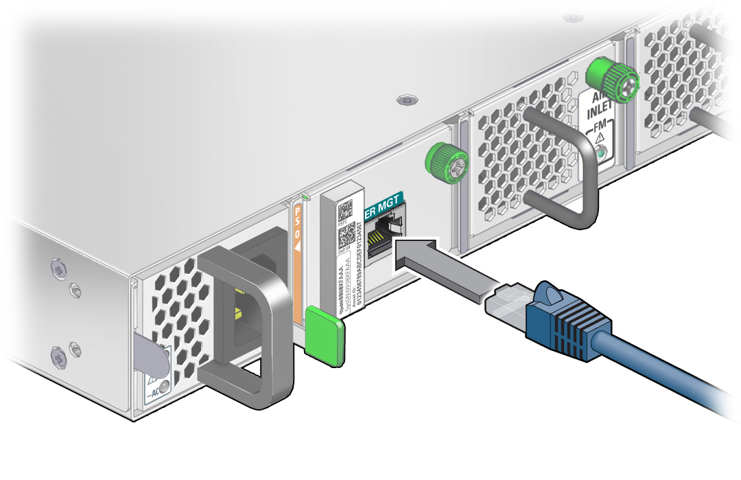 image:この図は、RJ-45 コネクタをソケットに挿入しているところを示しています。