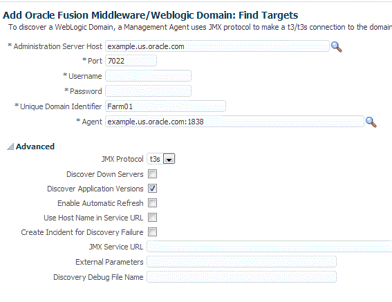 「Oracle Fusion Middleware/Weblogicドメインの追加: ターゲットの検索」ページ