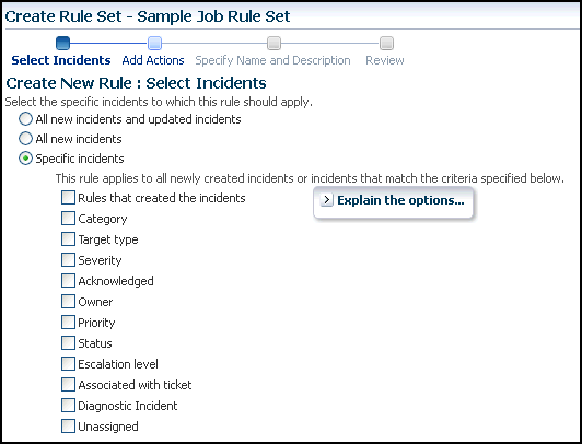 この図は、「新規ルールの作成: インシデントの選択」ページを示します。