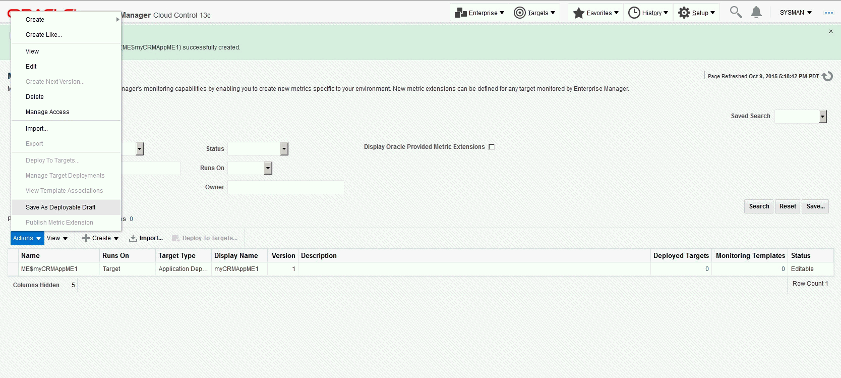 画像は、デプロイ可能な下書きへのメトリック拡張の保存を示しています。