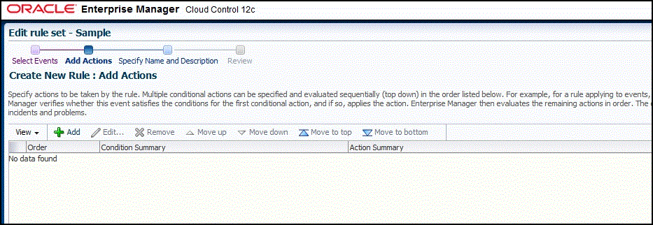 Shows add actions page of create new rule wizard.