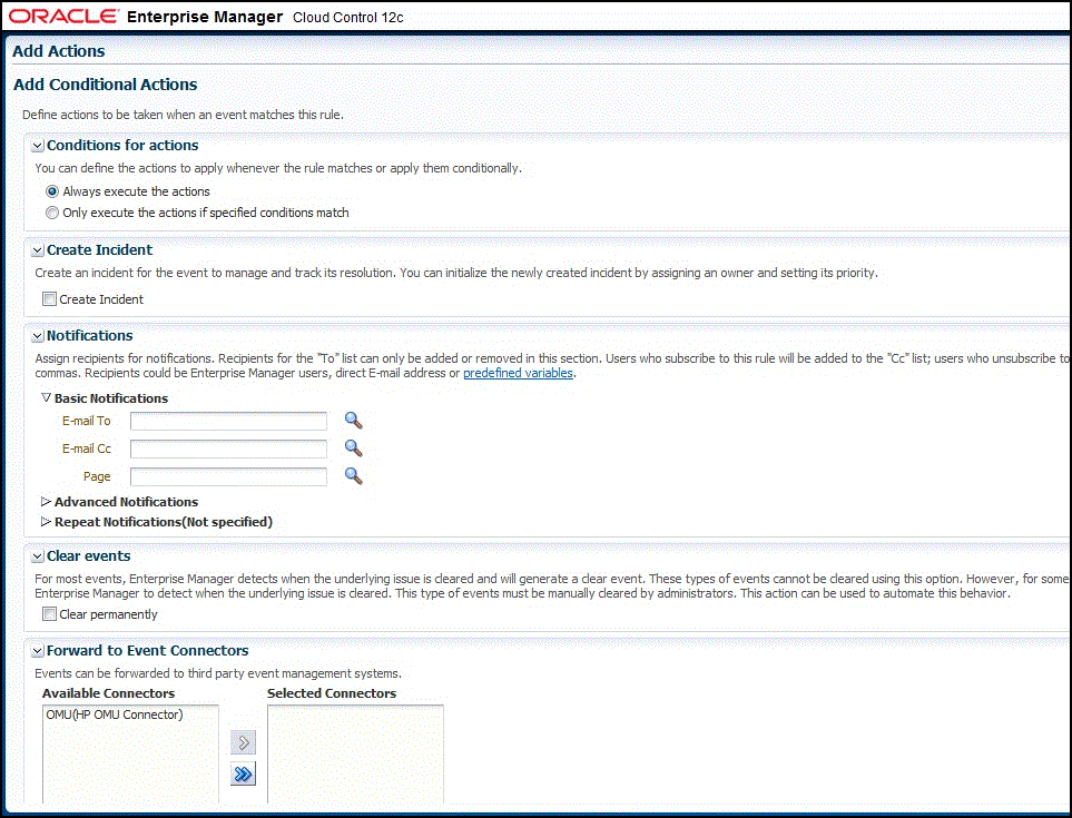 Shows contents of add conditional actions page.