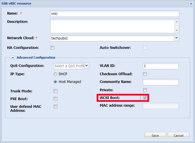 image:“Edit vNIC Resource“（编辑 vNIC 资源）, 设置可引导 vNIC
