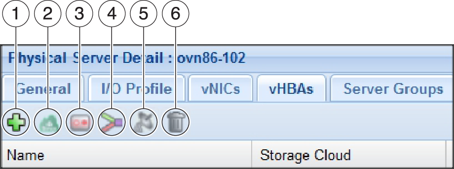 image:物理服务器详细信息框架－图标突出显示并附有说明的 vHBA 控件。