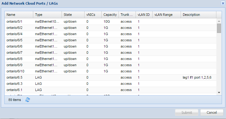 image:存储云的 “Add Network Cloud Ports/LAGs“（添加网络云端口/链路聚合组）对话框
