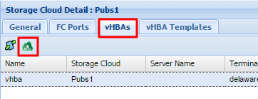 image:Separador vHBA de Nube de almacenamiento: con ícono de terminación en una nube de almacenamiento nueva resaltado