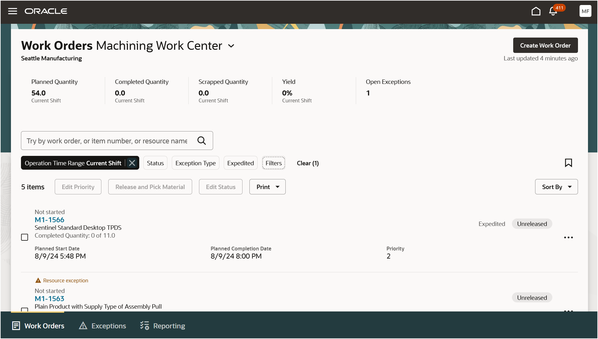 作業オーダーのリスト・ページ