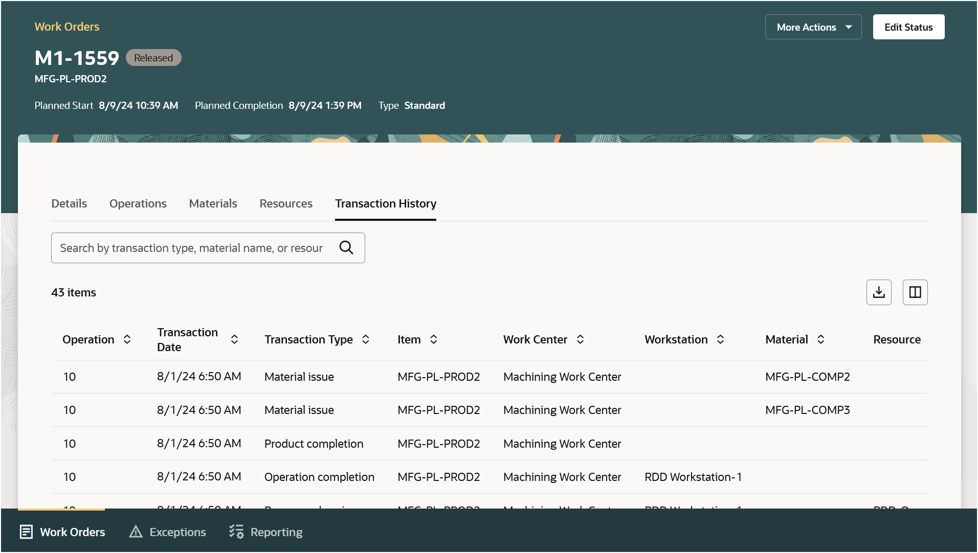 作業オーダー詳細: 「トランザクション履歴」タブ