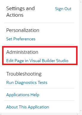 この画像は、「Visual Builder Studioでページを編集」メニュー項目が選択された「設定およびアクション」メニューを示しています。 このメニュー・アクションでVB Studioに移動し、Redwoodページにジャーニ・コードを追加できます。 