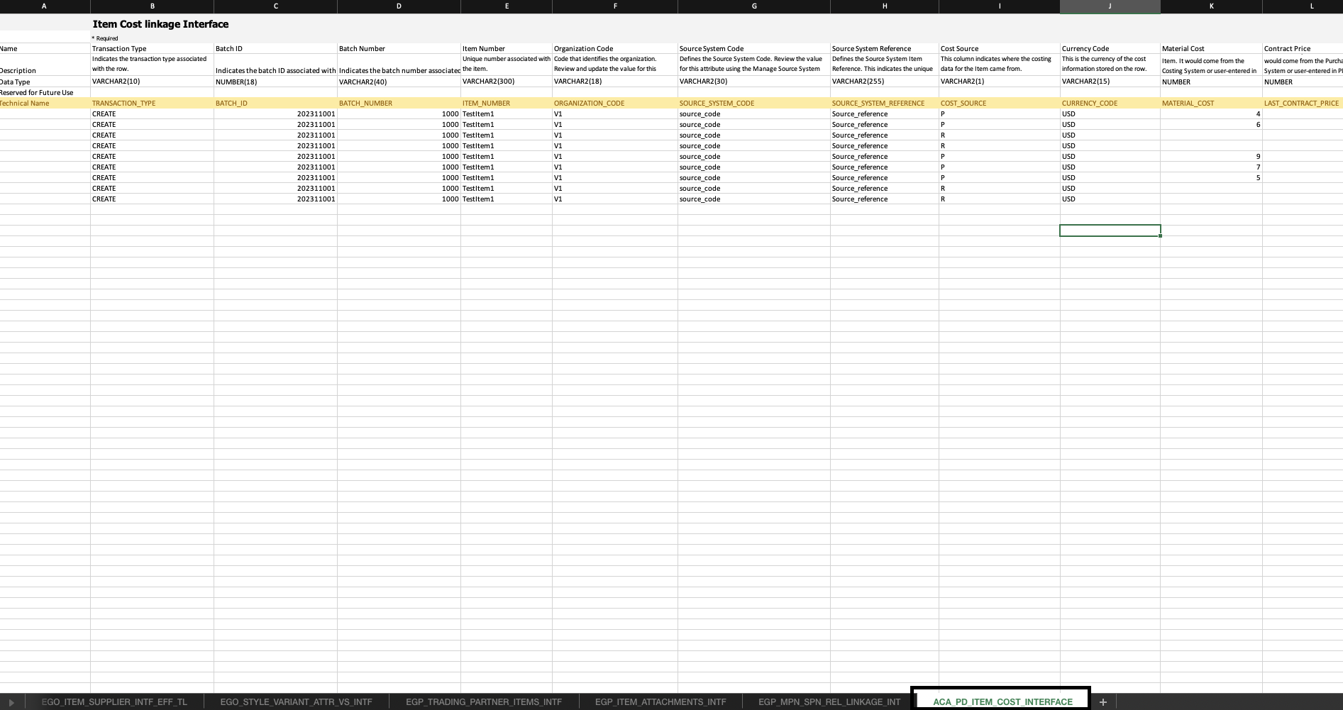 「原価ソース」、「通貨コード」、「資材原価」および契約価格という列で更新されたFBDIテンプレート