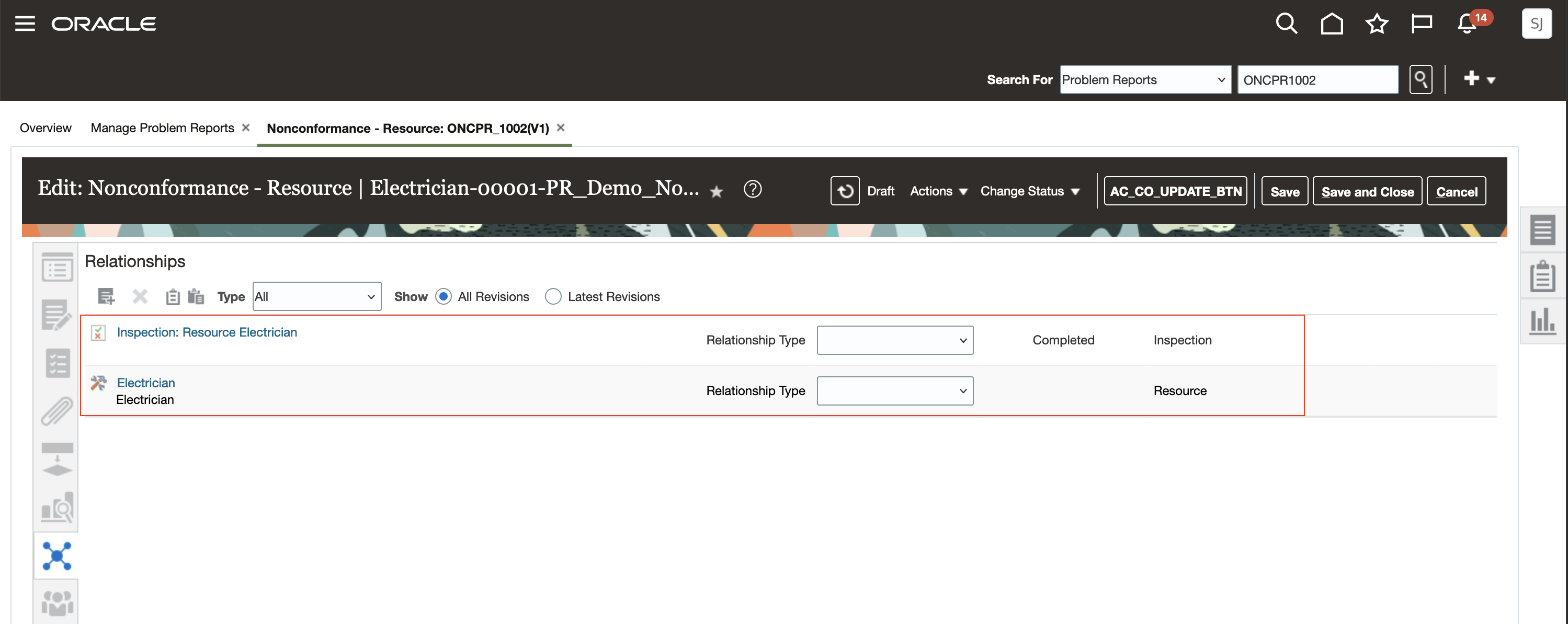 リソースの非適合について作成された問題レポートに示される検査とリソースの関係