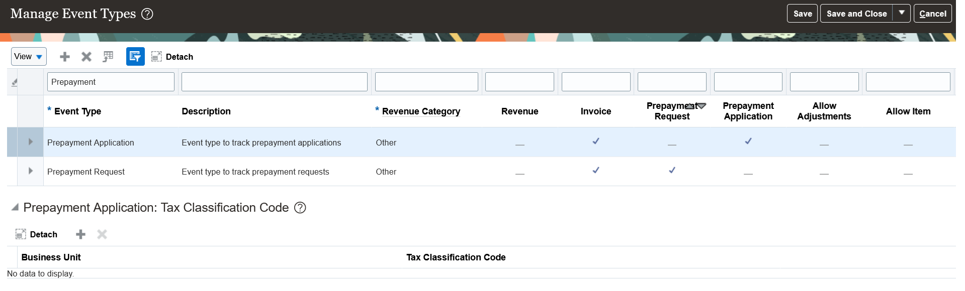 前払金要求または充当として分類された請求書イベント・タイプ。