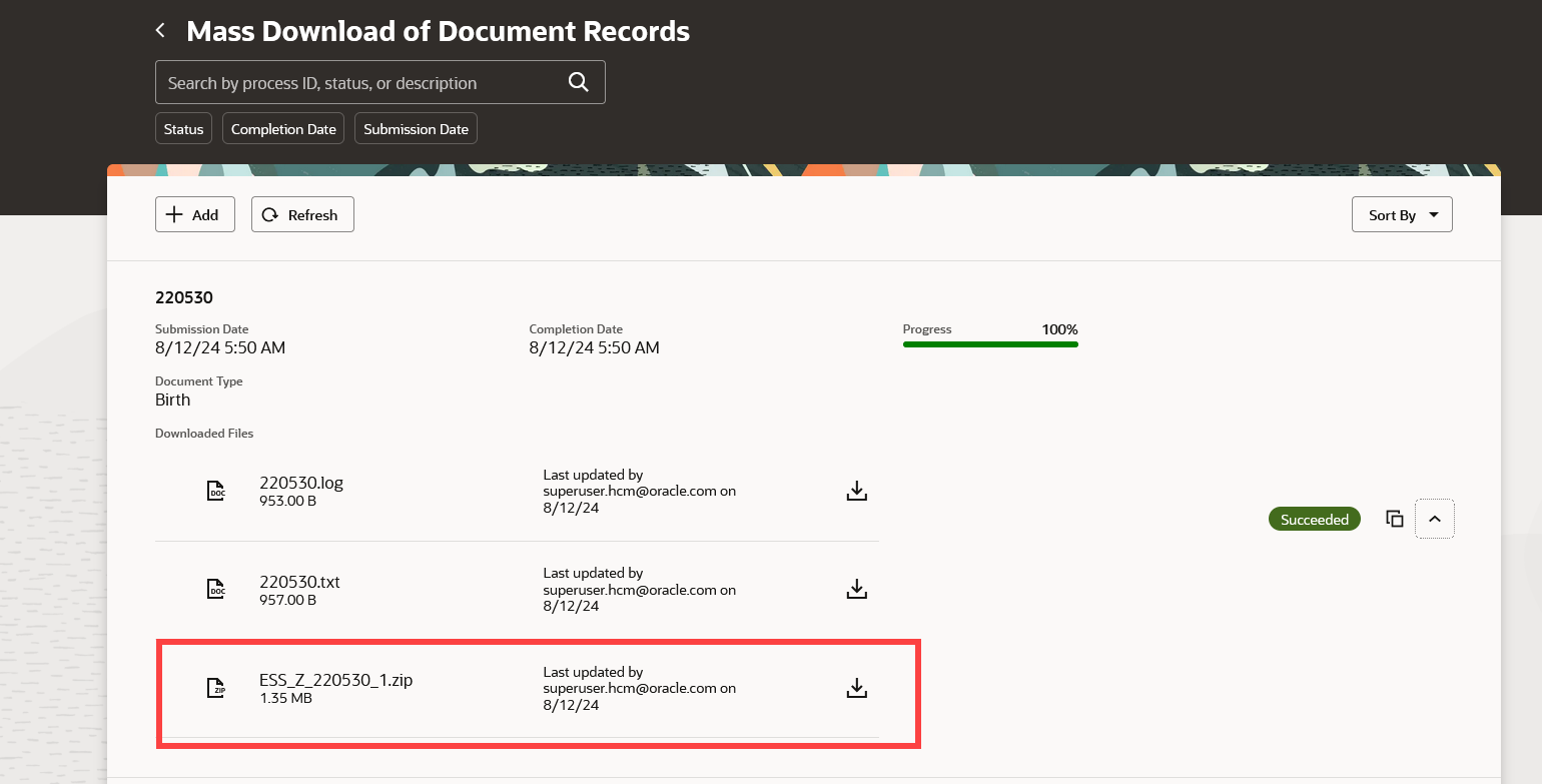 一括ダウンロード・ページのダウンロード済文書レコードのZipファイル
