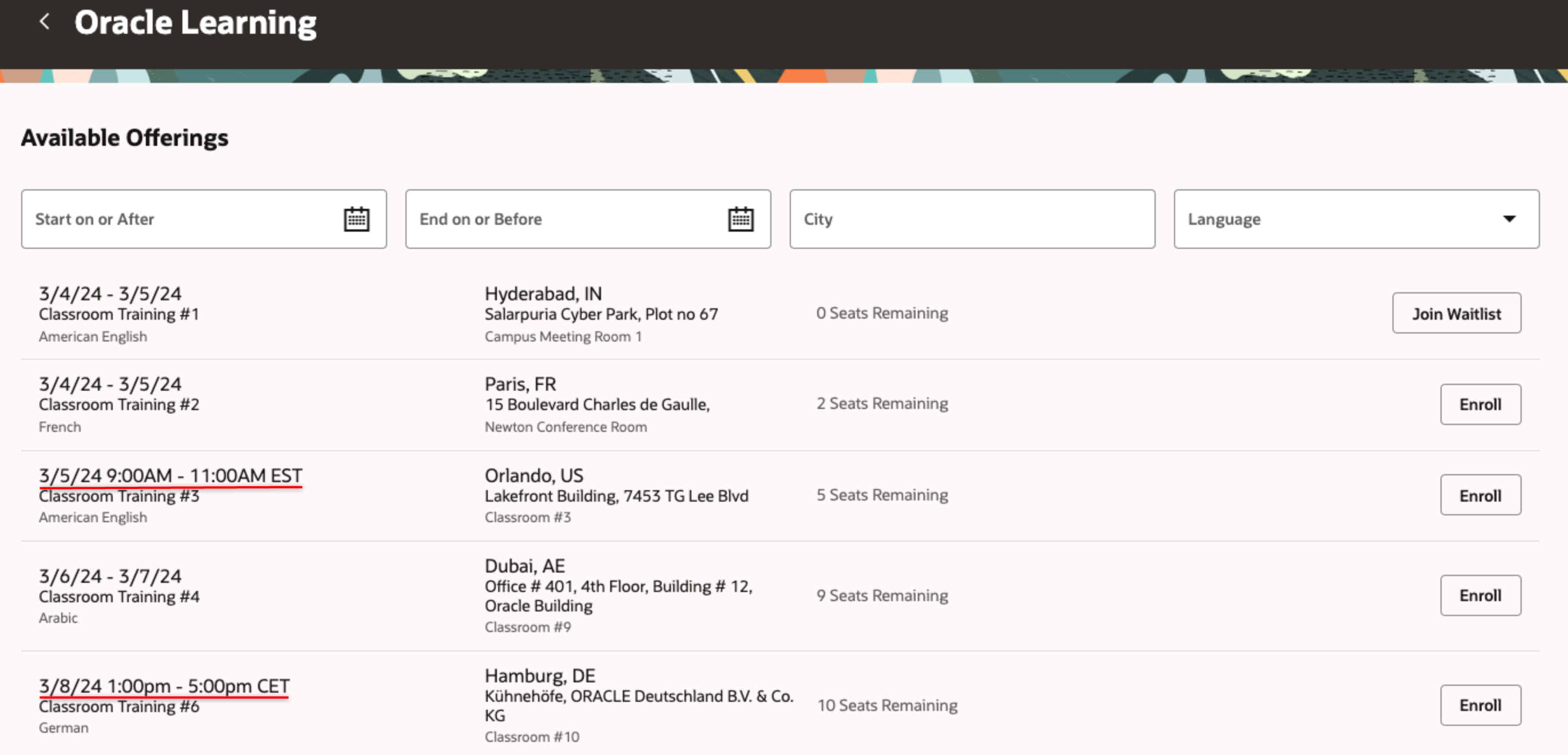 アクティビティ日付、時間およびタイムゾーン詳細が表示された「利用可能な講義」ページ