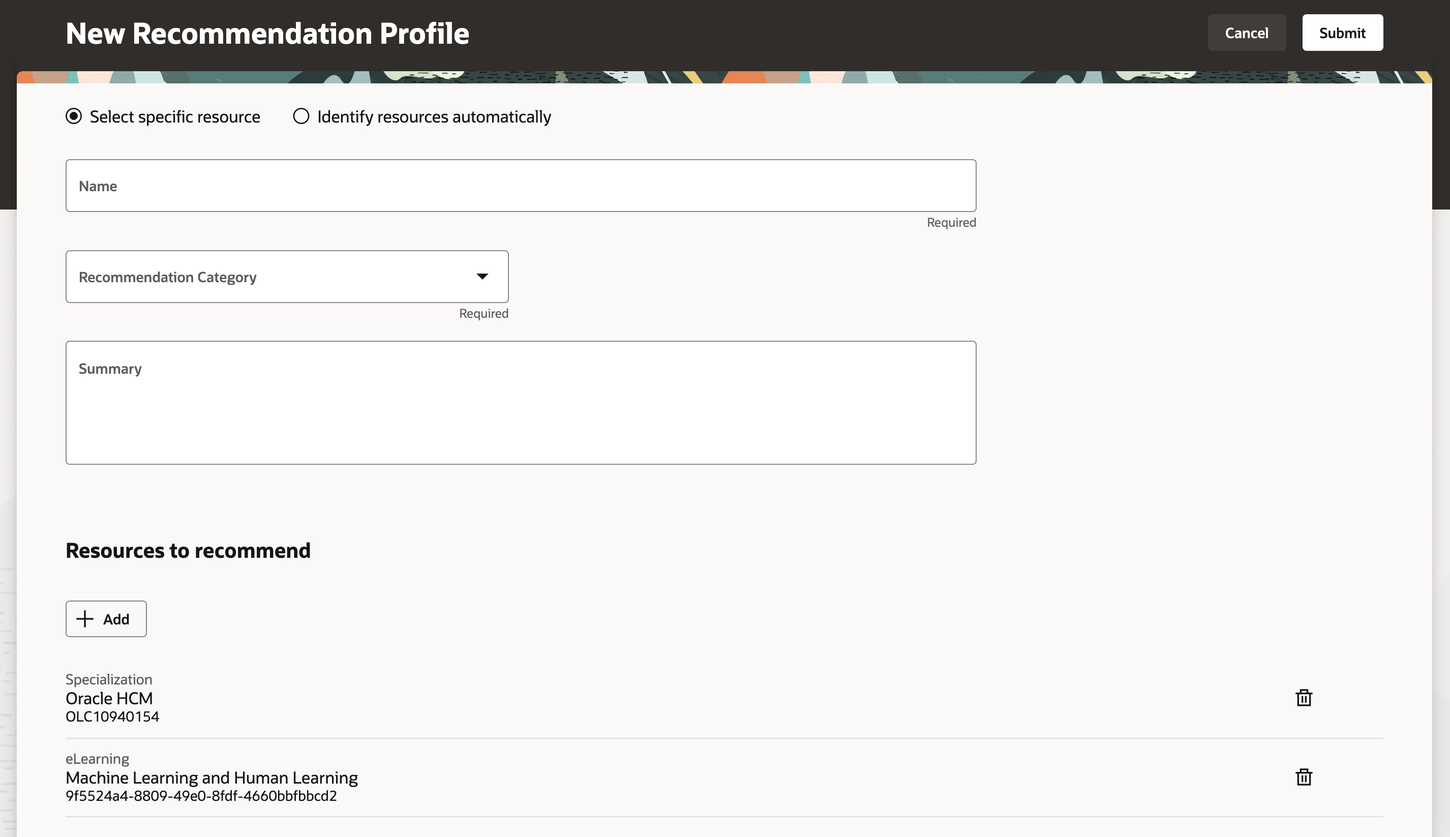 特定のリソースを選択するための「新規推奨プロファイル」ページ