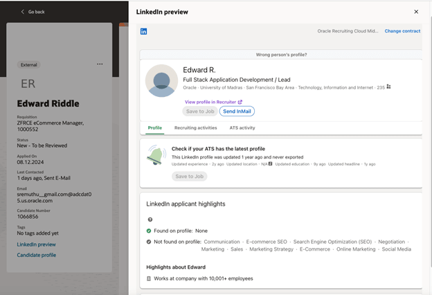 Oracle RecruitingでのLinkedInプレビュー