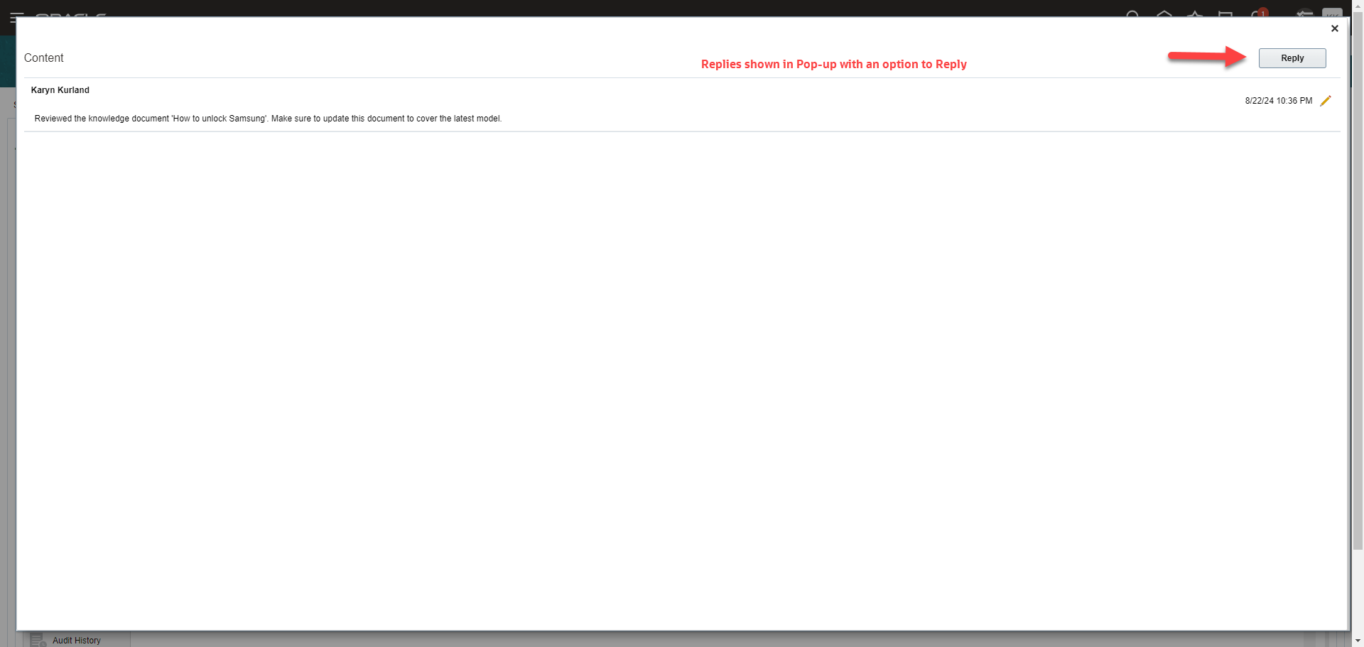 PopUpに示されている返信と返信機能