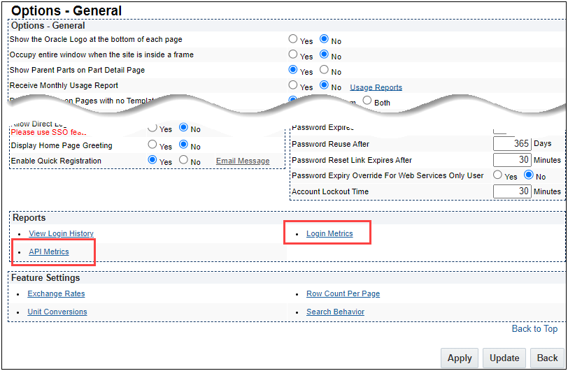 「APIメトリック」および「ログイン・メトリック」リンク