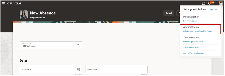 VBCSページの「設定およびアクション」メニューの「ページの編集」オプション。