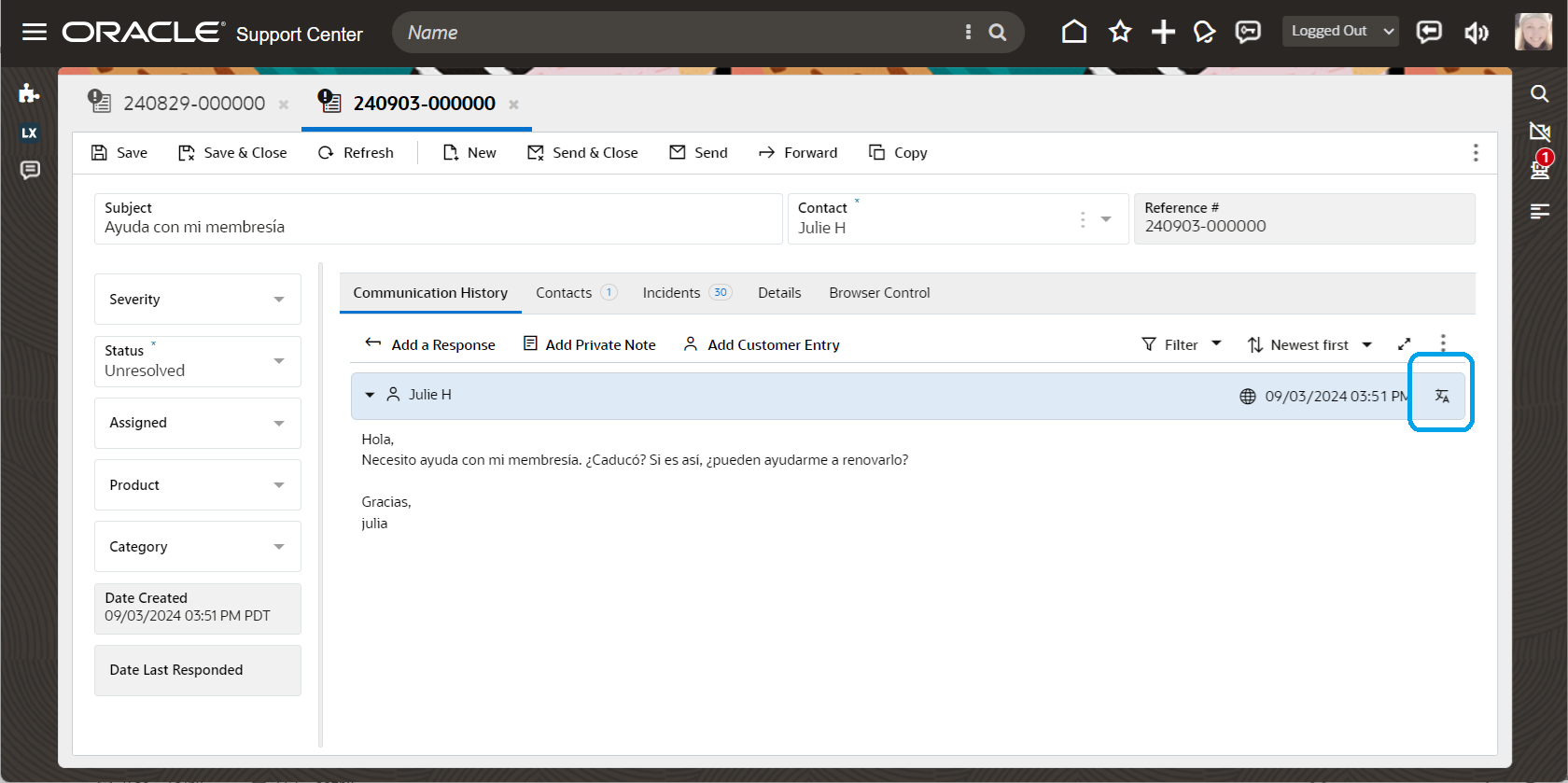 顧客入力スレッド・ヘッダーの言語翻訳アイコン