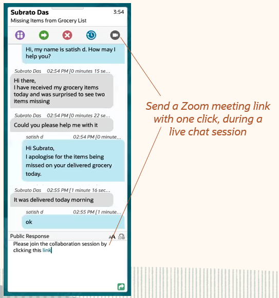 チャット・パネルの新しい「Zoom」ボタンの例。