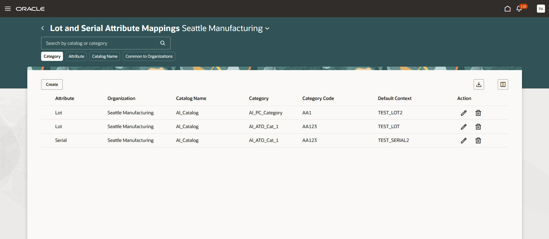 ロットおよびシリアル属性マッピング