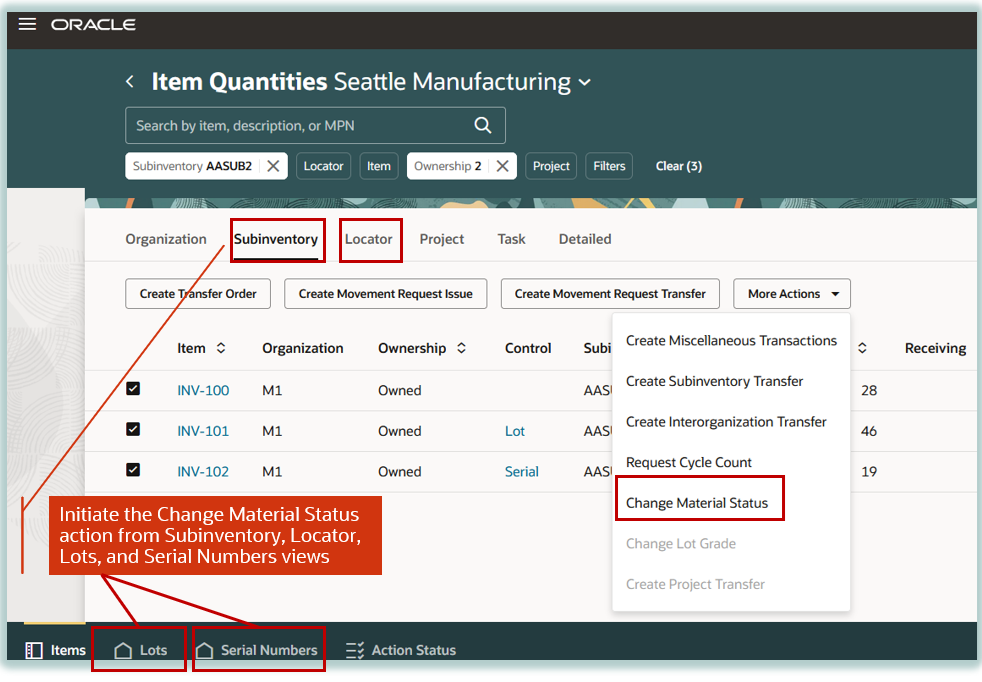 資材ステータスの変更の開始