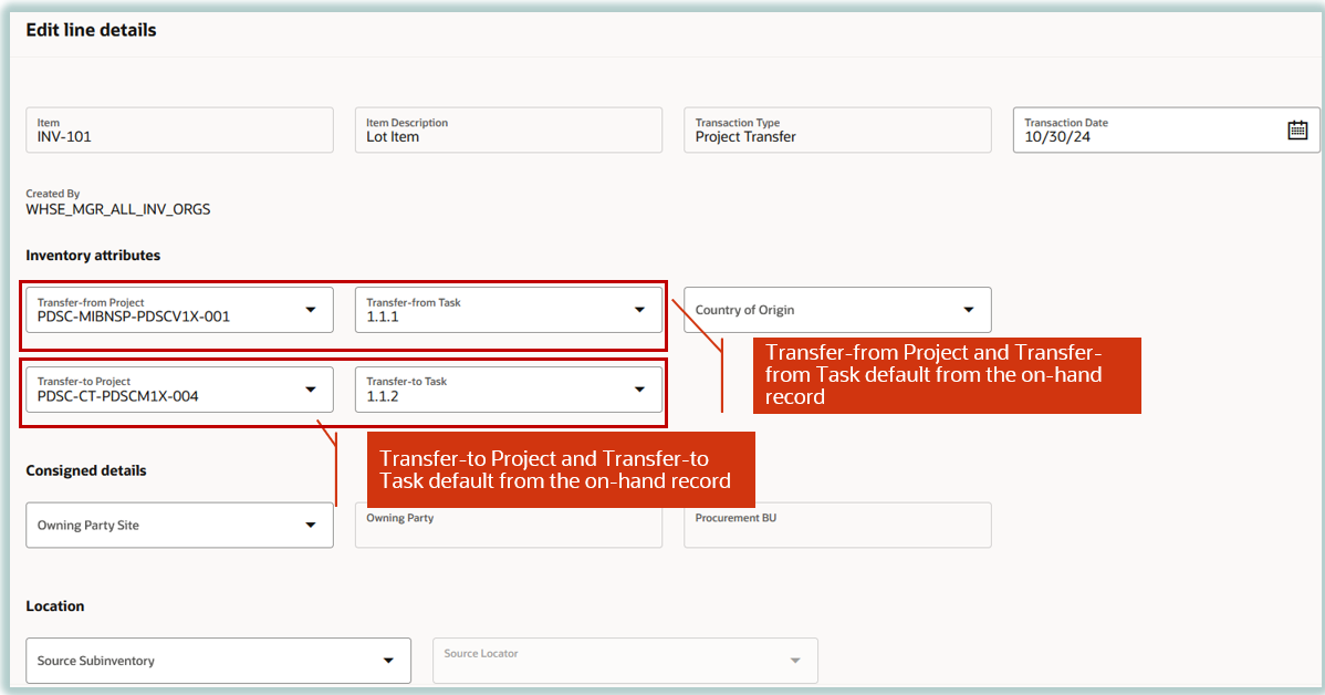 「プロジェクト転送の作成」の「明細詳細の編集」ドロワー