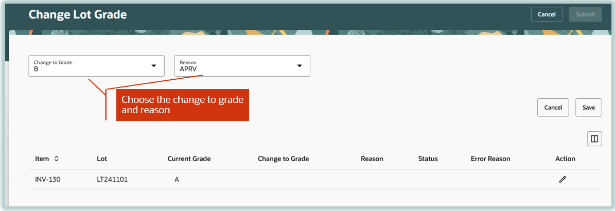 ロット等級の変更および事由