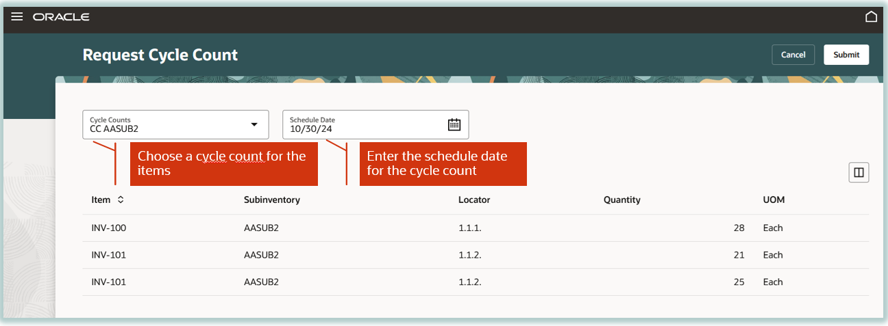 ヘッダーでの循環棚卸の選択