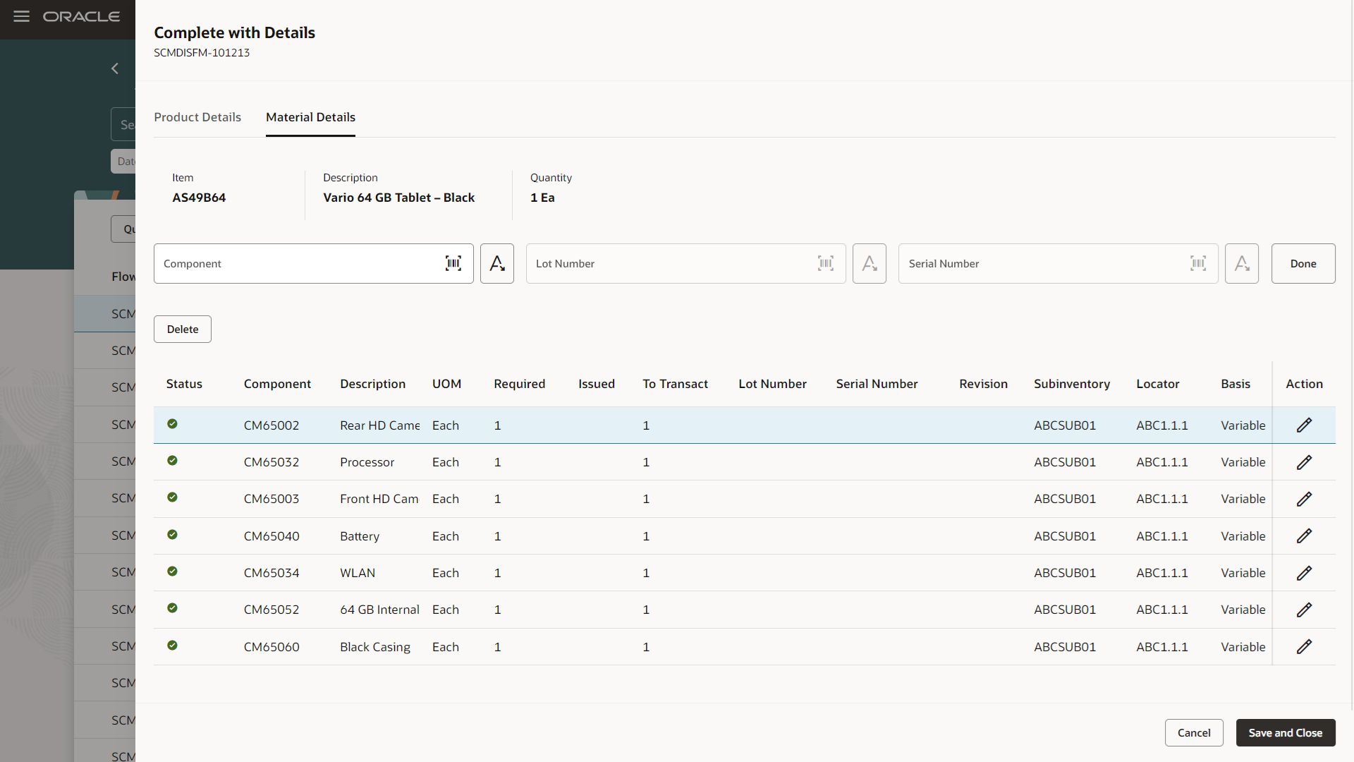 「詳細付きで完了」 - 「資材詳細」タブ