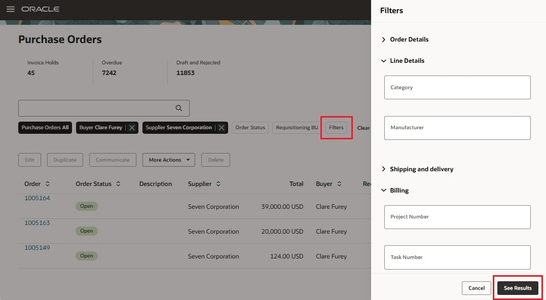 購買オーダーの追加のフィルタ